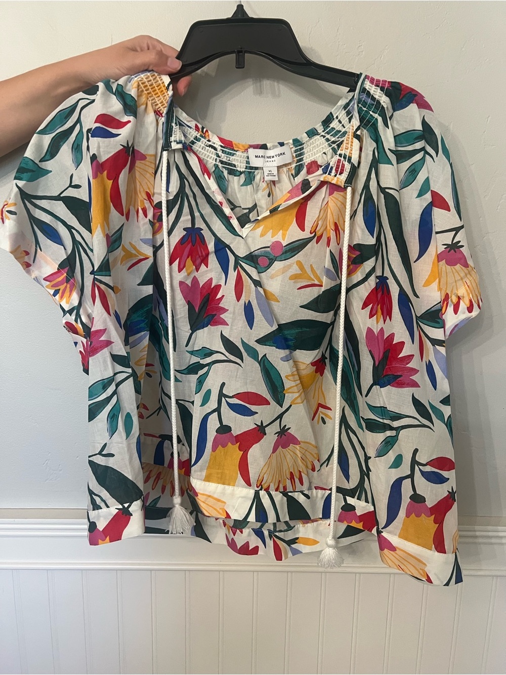 Floral Tie-Neck Peasant Top - Multicolor